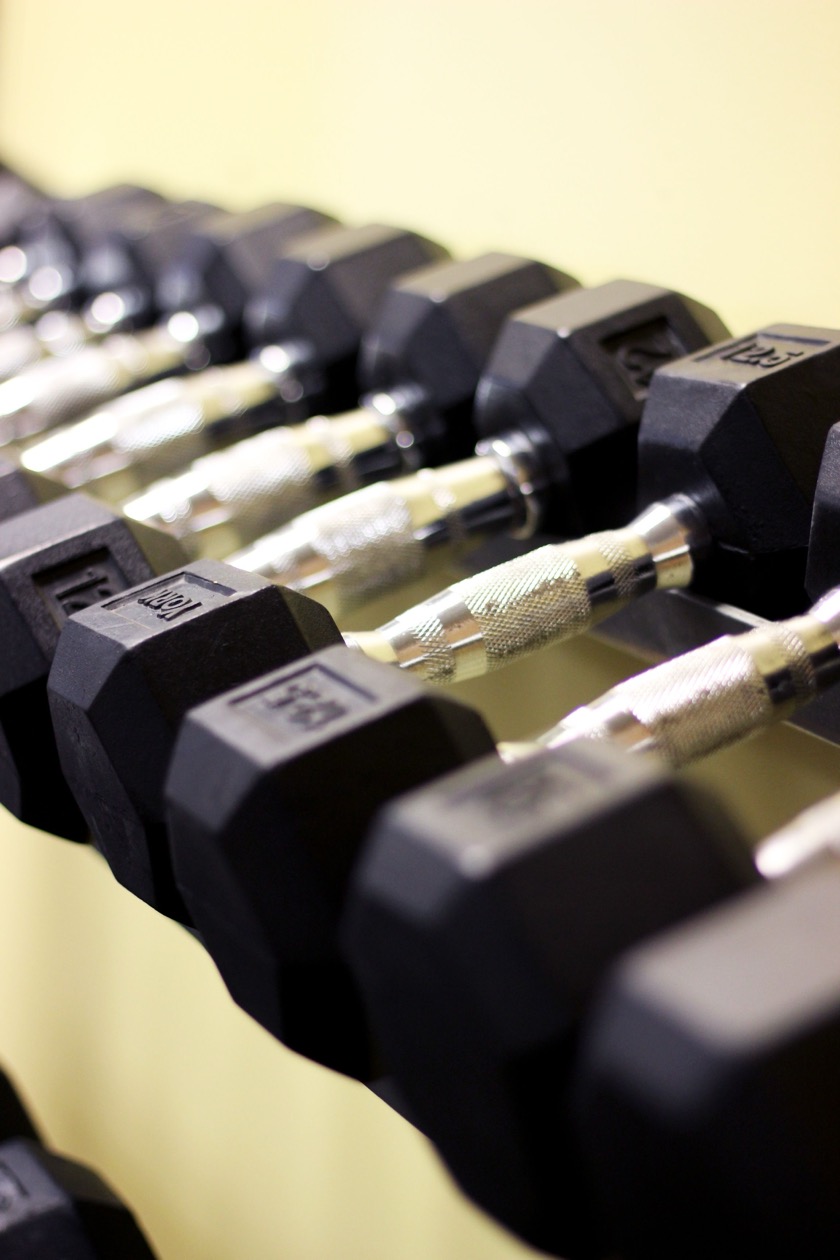 Hex dumbbells neatly arranged on a gym rack for strength training